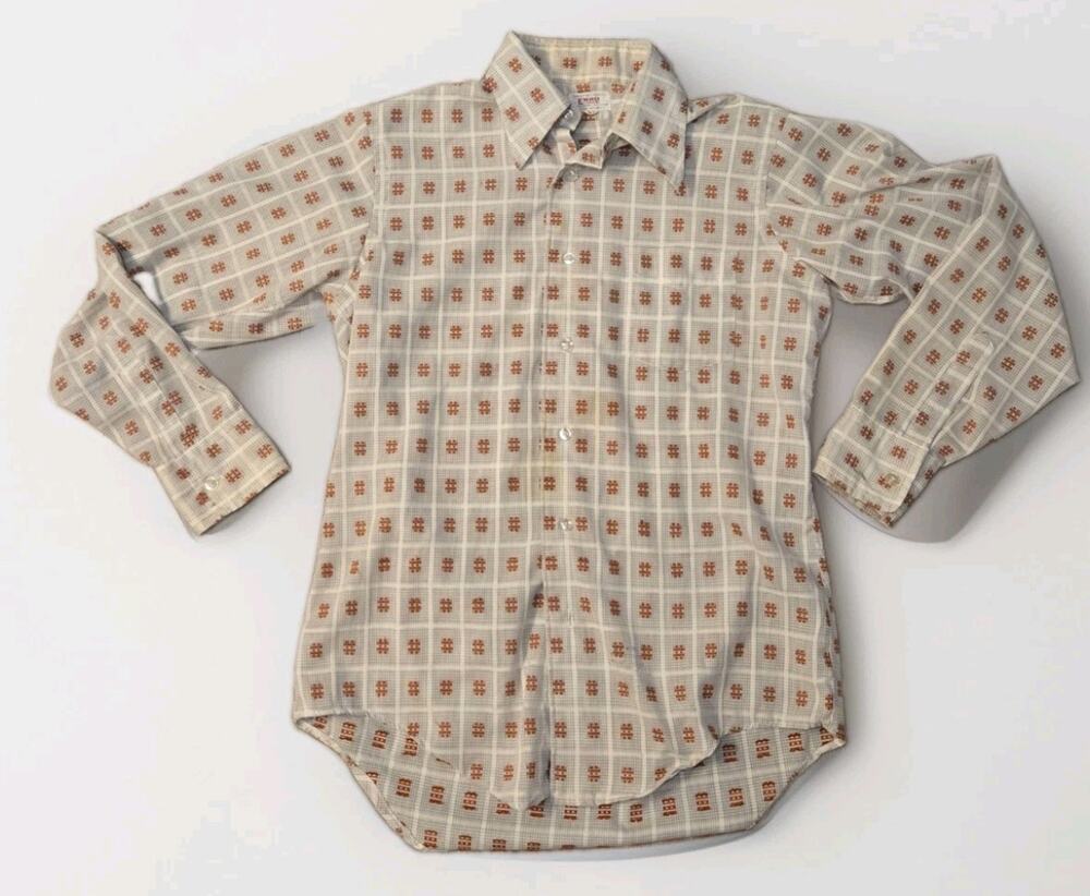Vintage 1960s ENRO Shirt Builders Men’s 15.5/34 Ivory Checkered Button Up Shirt